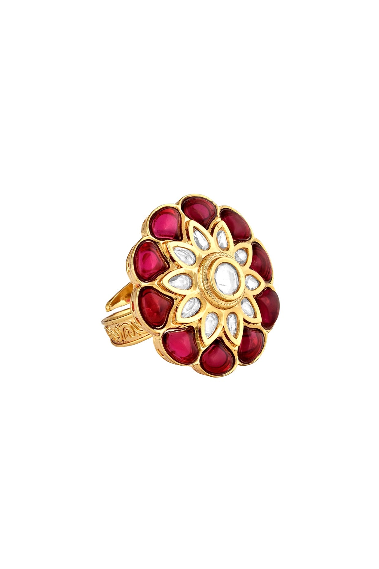 Gold Finish Red & White Kundan Polki Flower Ring