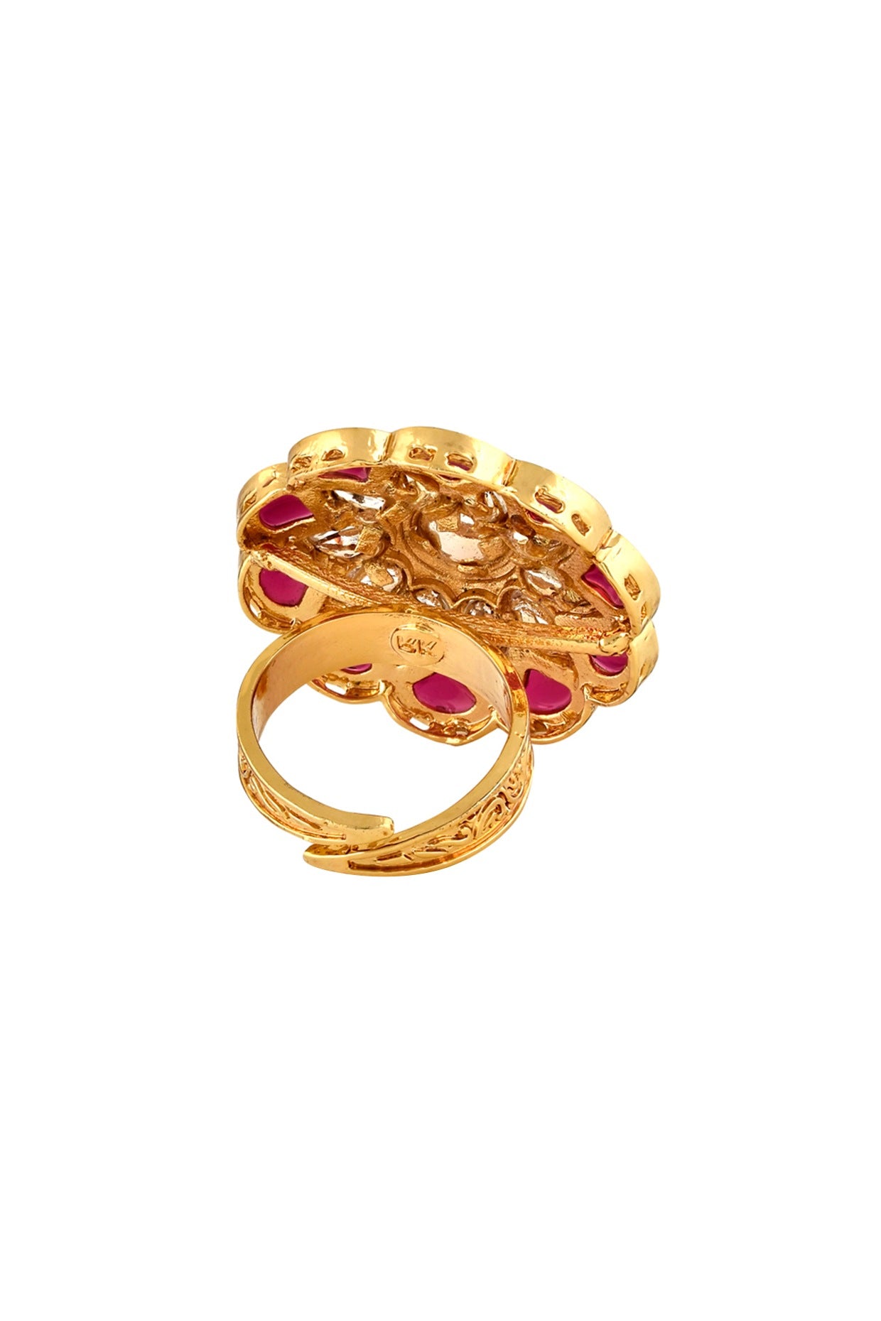 Gold Finish Red & White Kundan Polki Flower Ring