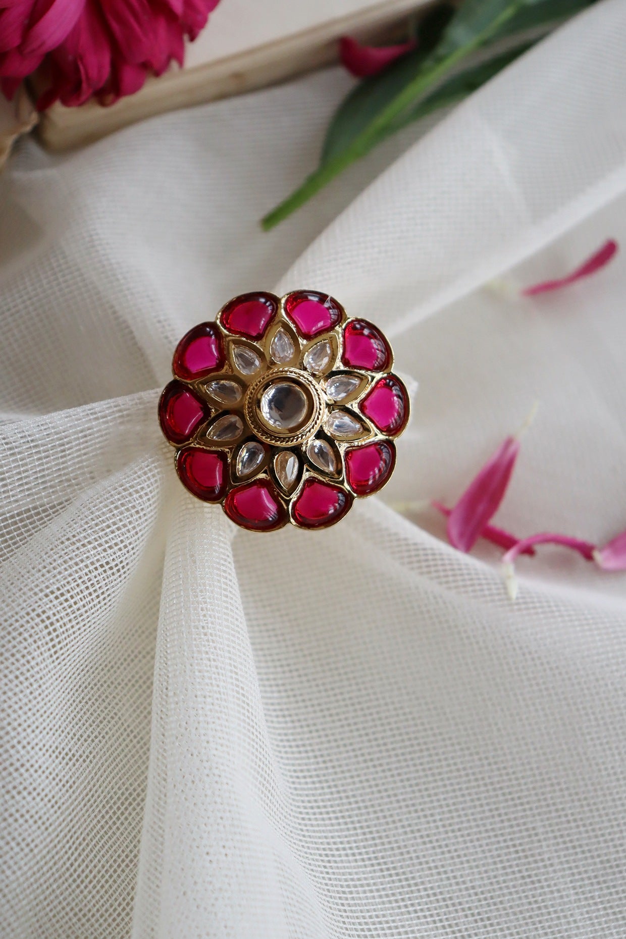 Gold Finish Red & White Kundan Polki Flower Ring