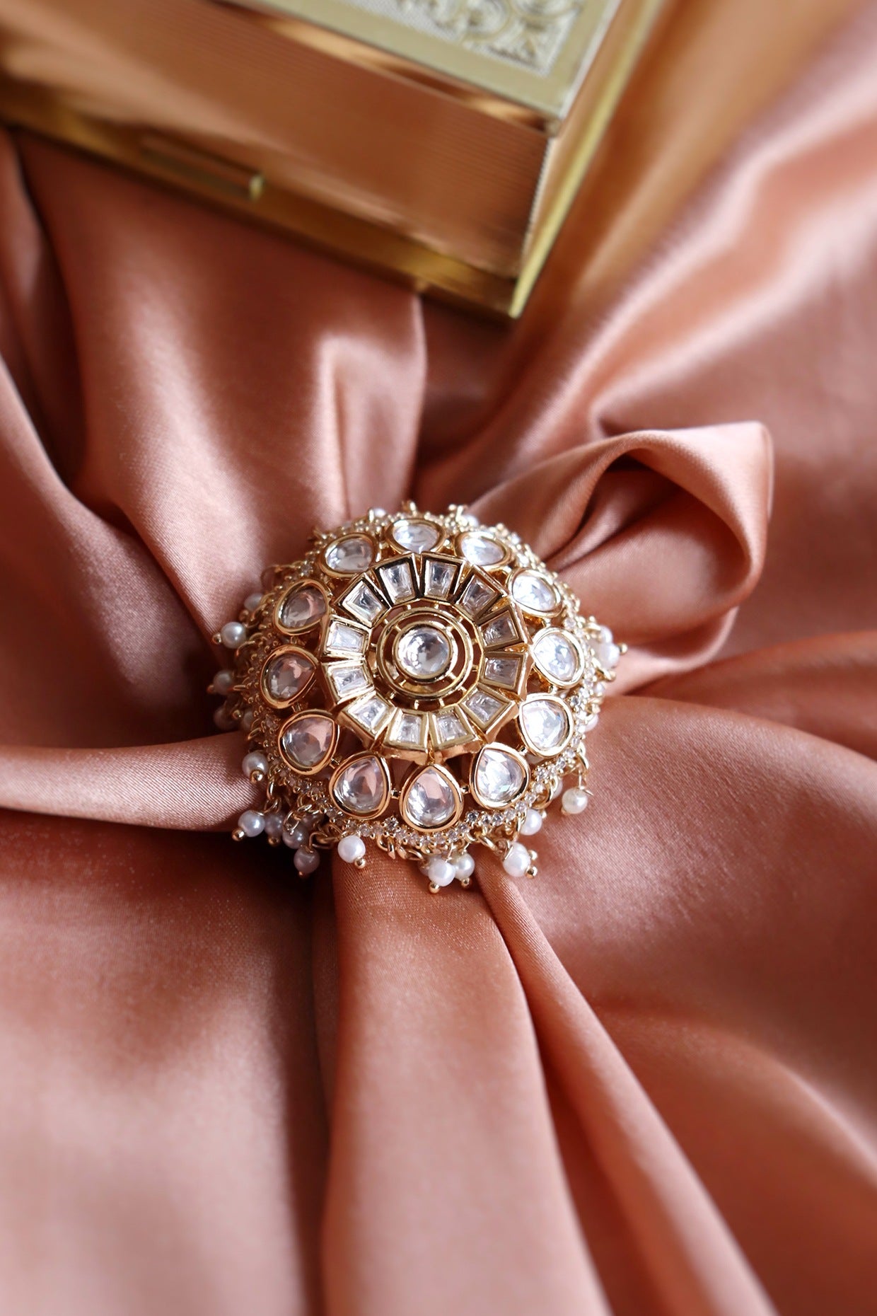 Gold Finish Pearl & Semi Precious Stones Bridal Ring