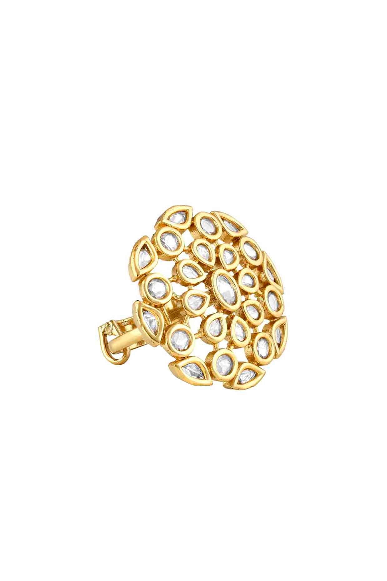 Gold Finish Kundan Polki & Semi Precious Stones Bridal Ring