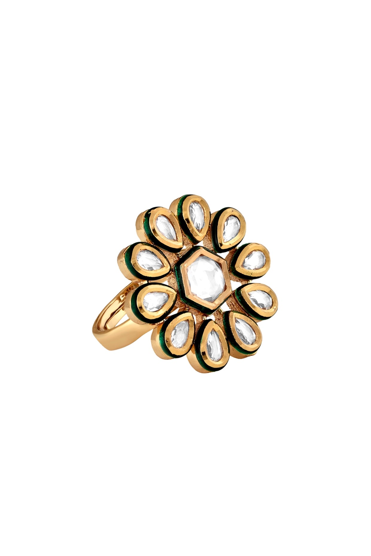 Gold Finish Kundan Polki Bridal Floral Ring