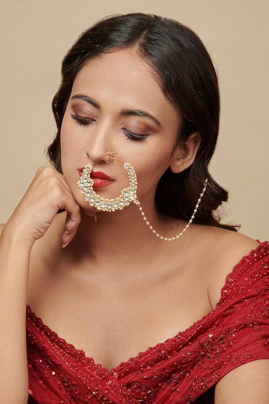 Gold Finish Kundan Polki & Pearl Ghungroo Nose Ring