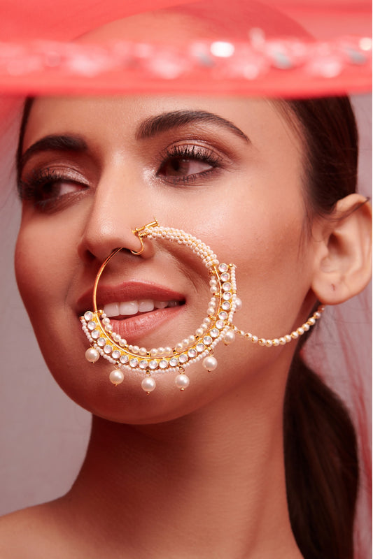 Gold Finish Pearl Bridal Nose Ring