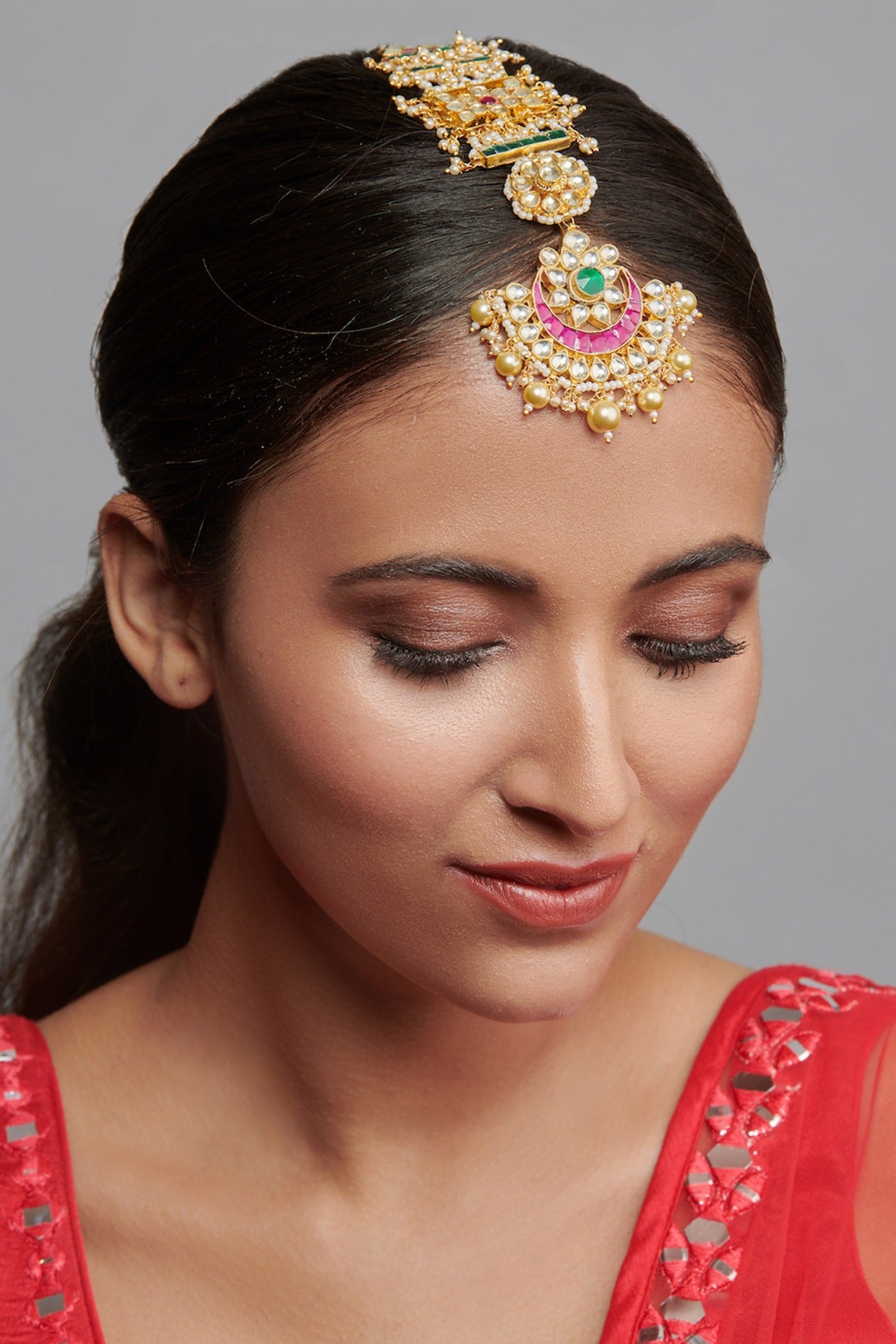 Gold Finish Kundan Polki & Semi Precious Stones Bridal Mangtikka