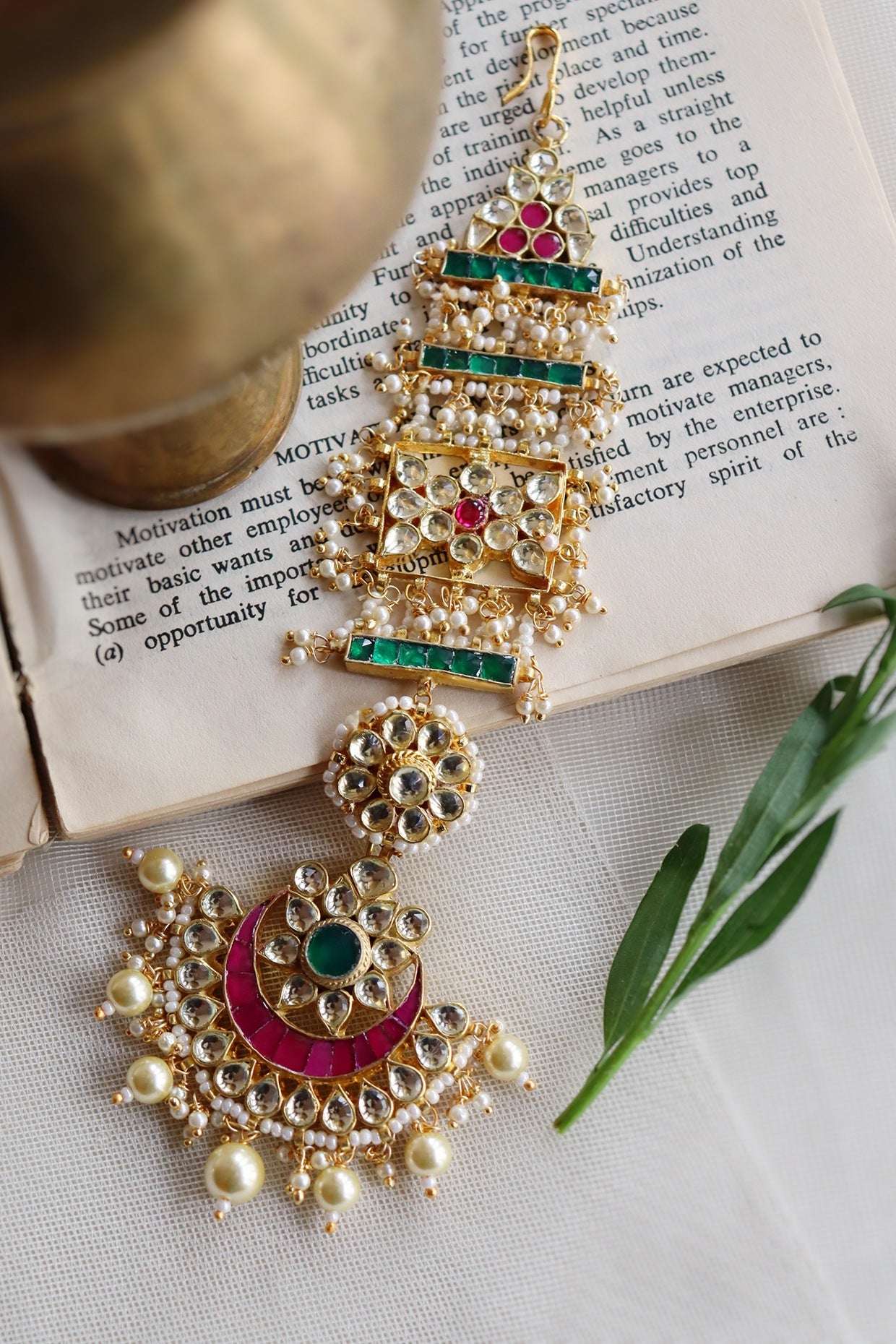 Gold Finish Kundan Polki & Semi Precious Stones Bridal Mangtikka