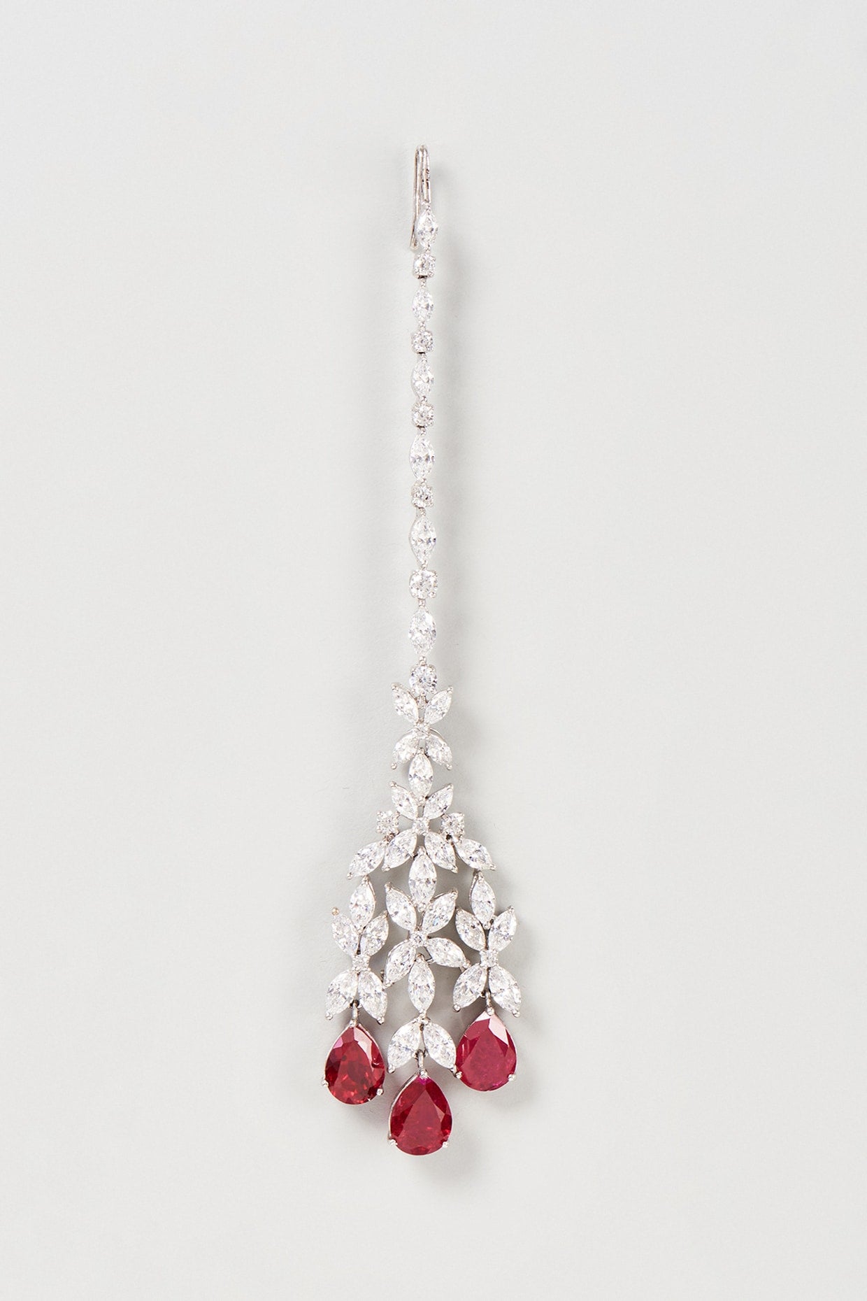 White Finish Red & White Swarovski Zirconia Maangtikka In Sterling Silver