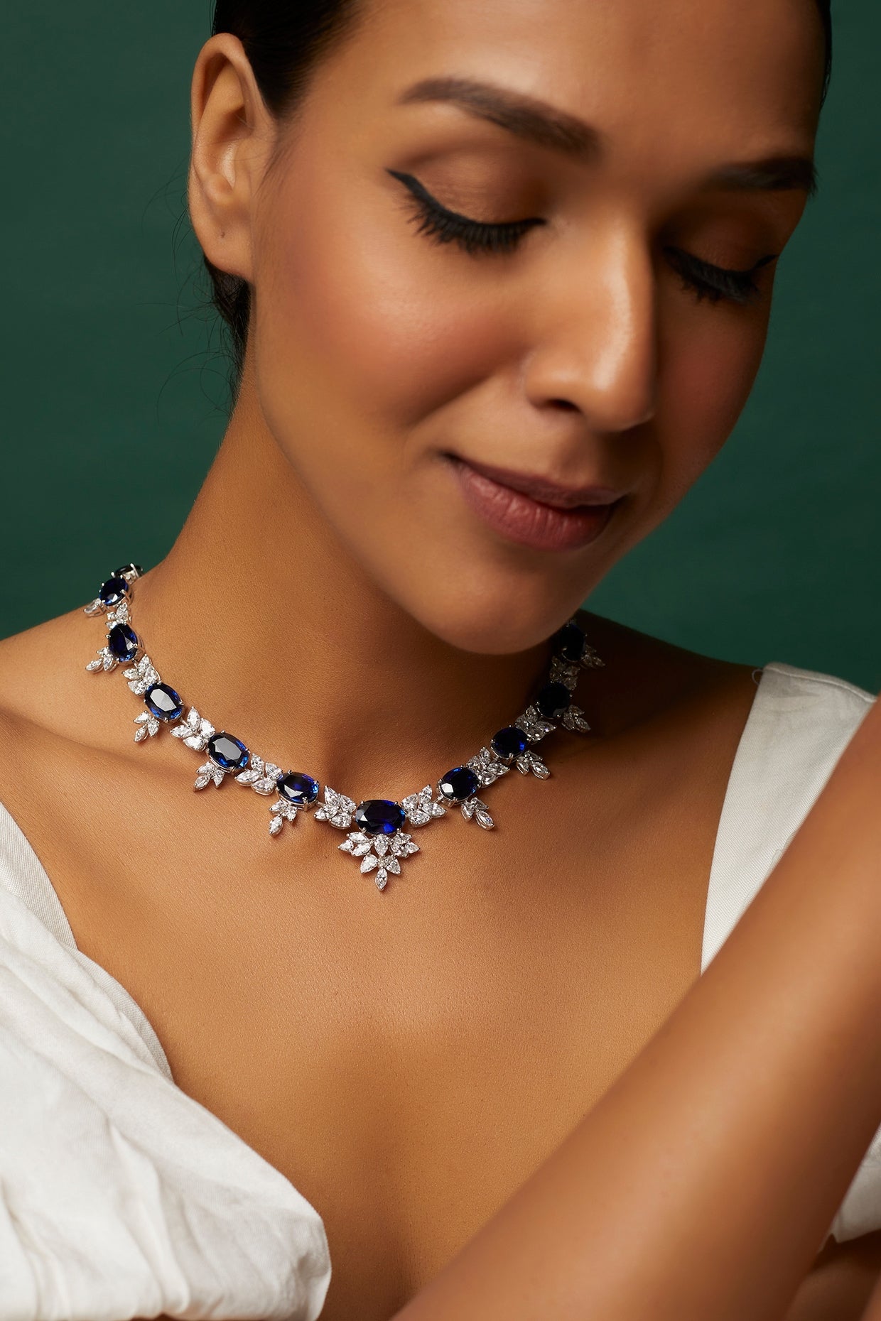 White Finish White & Blue Swarovski Zirconia Necklace In Sterling Silver