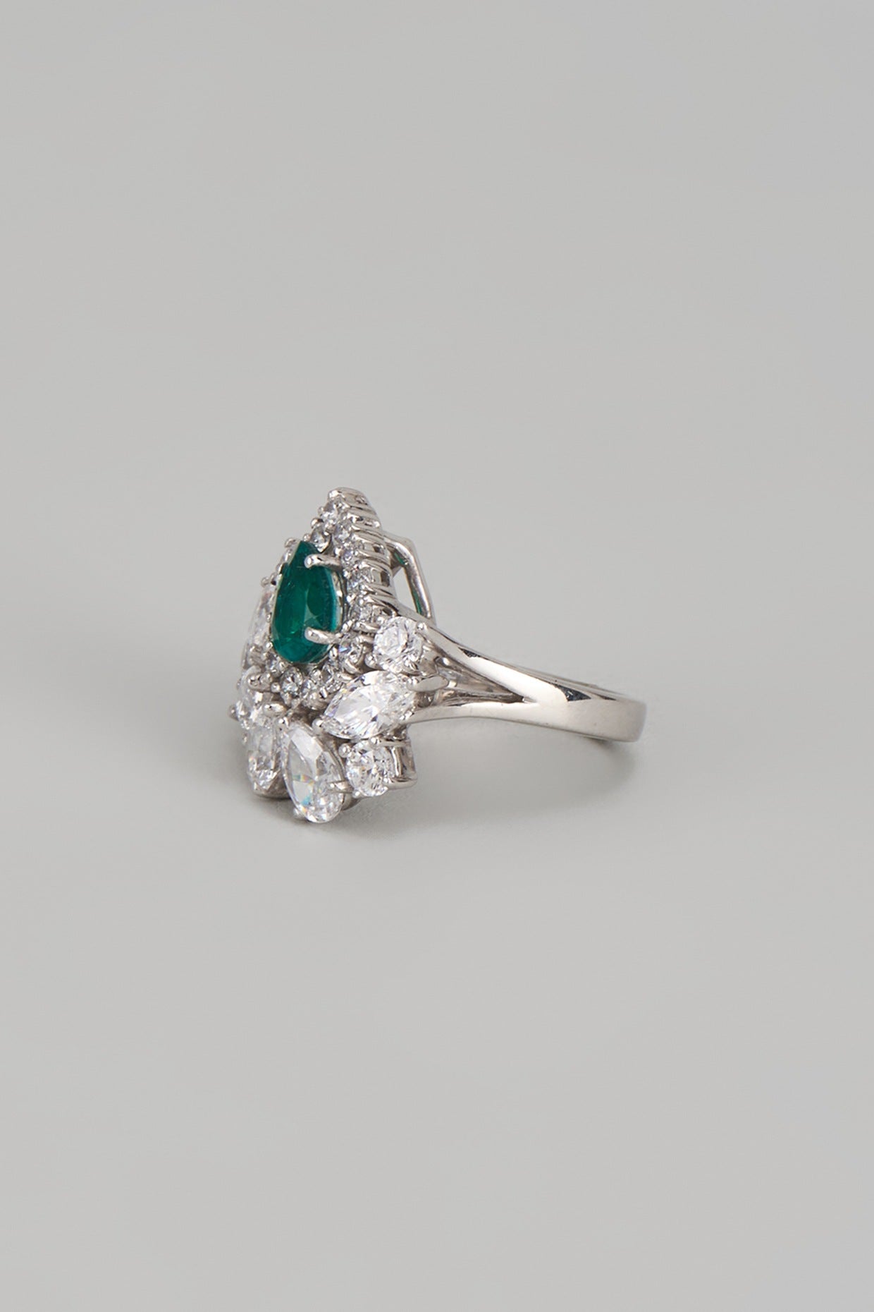 White Finish Swarovski Zirconia & Emerald Ring In Sterling Silver