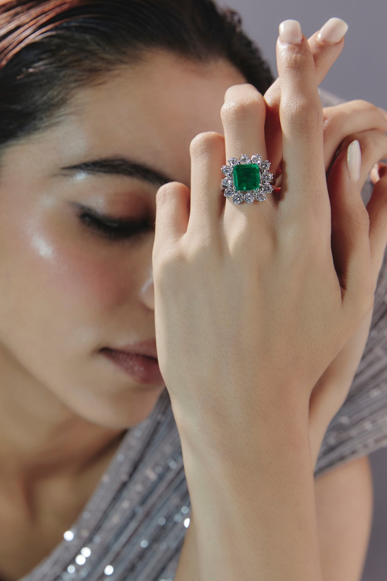 White Finish Swarovski Zirconia & Emerald Ring In Sterling Silver