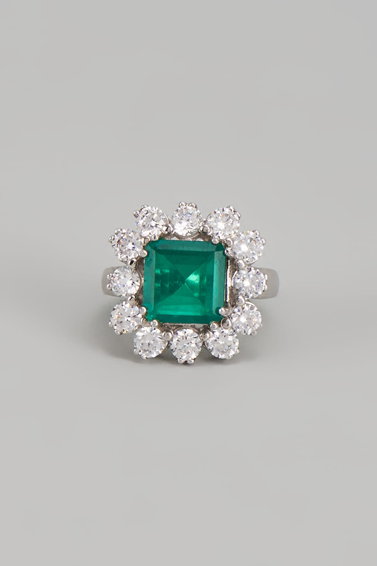 White Finish Swarovski Zirconia & Emerald Ring In Sterling Silver