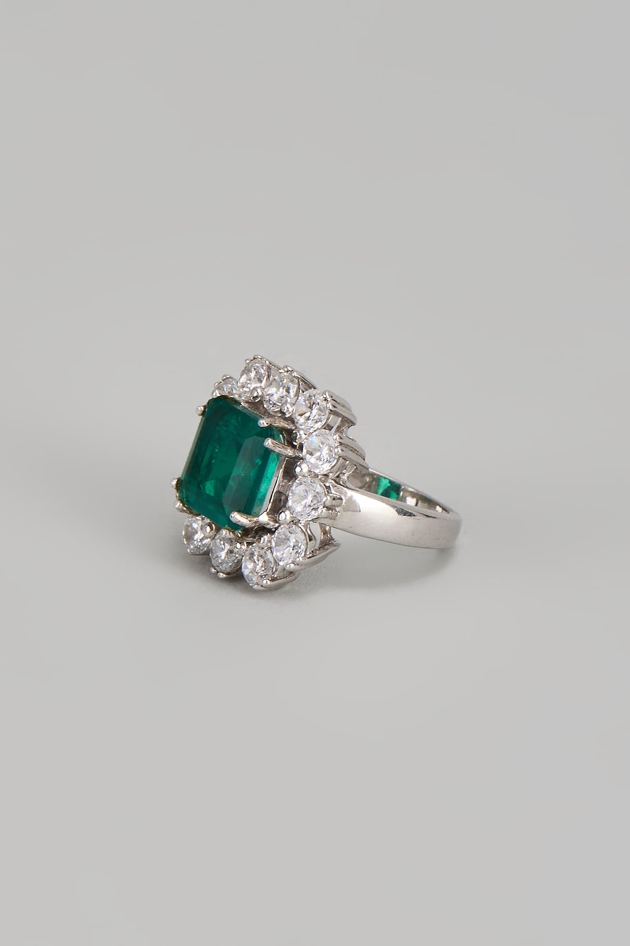 White Finish Swarovski Zirconia & Emerald Ring In Sterling Silver