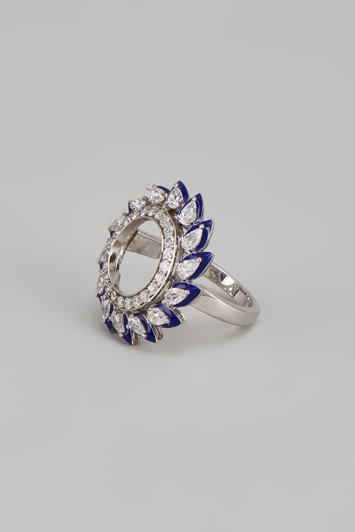 White Finish Swarovski Zirconia Blue Enameled Ring In Sterling Silver