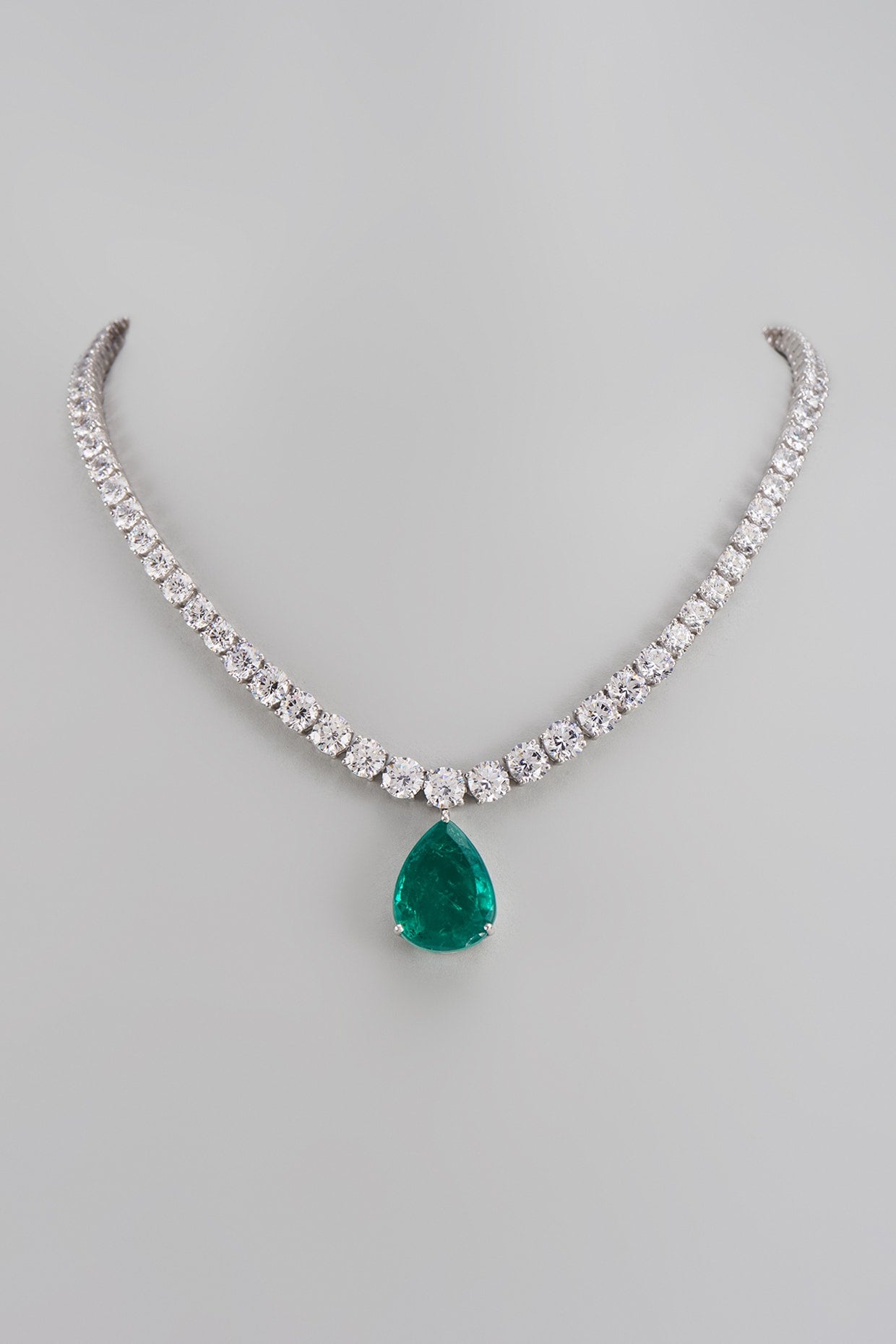 White Finish Swarovski Zirconia & Emerald Necklace In Sterling Silver