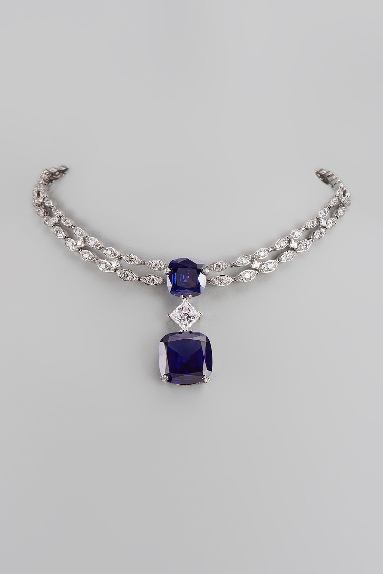 White Finish Swarovski Zirconia & Blue Sapphire Necklace In Sterling Silver