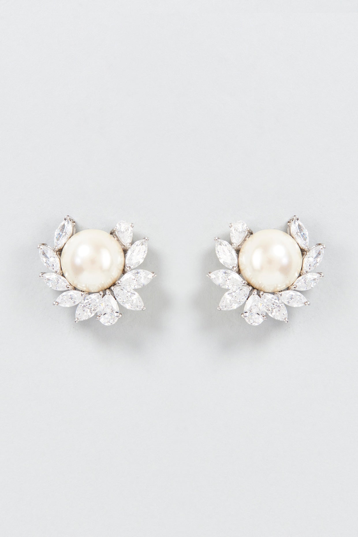 White Finish Swarovski Zirconia & Pearl Earclips In Sterling Silver