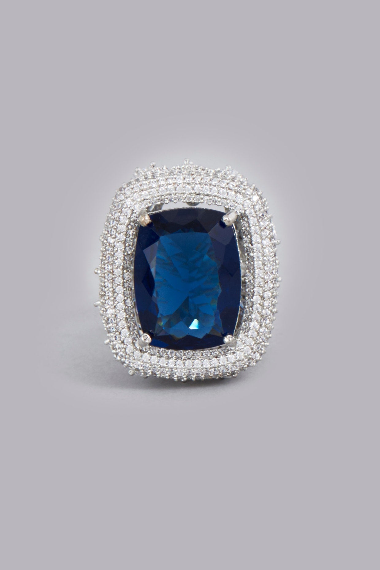 White Finish Blue Synthetic Stones & Zircons Ring