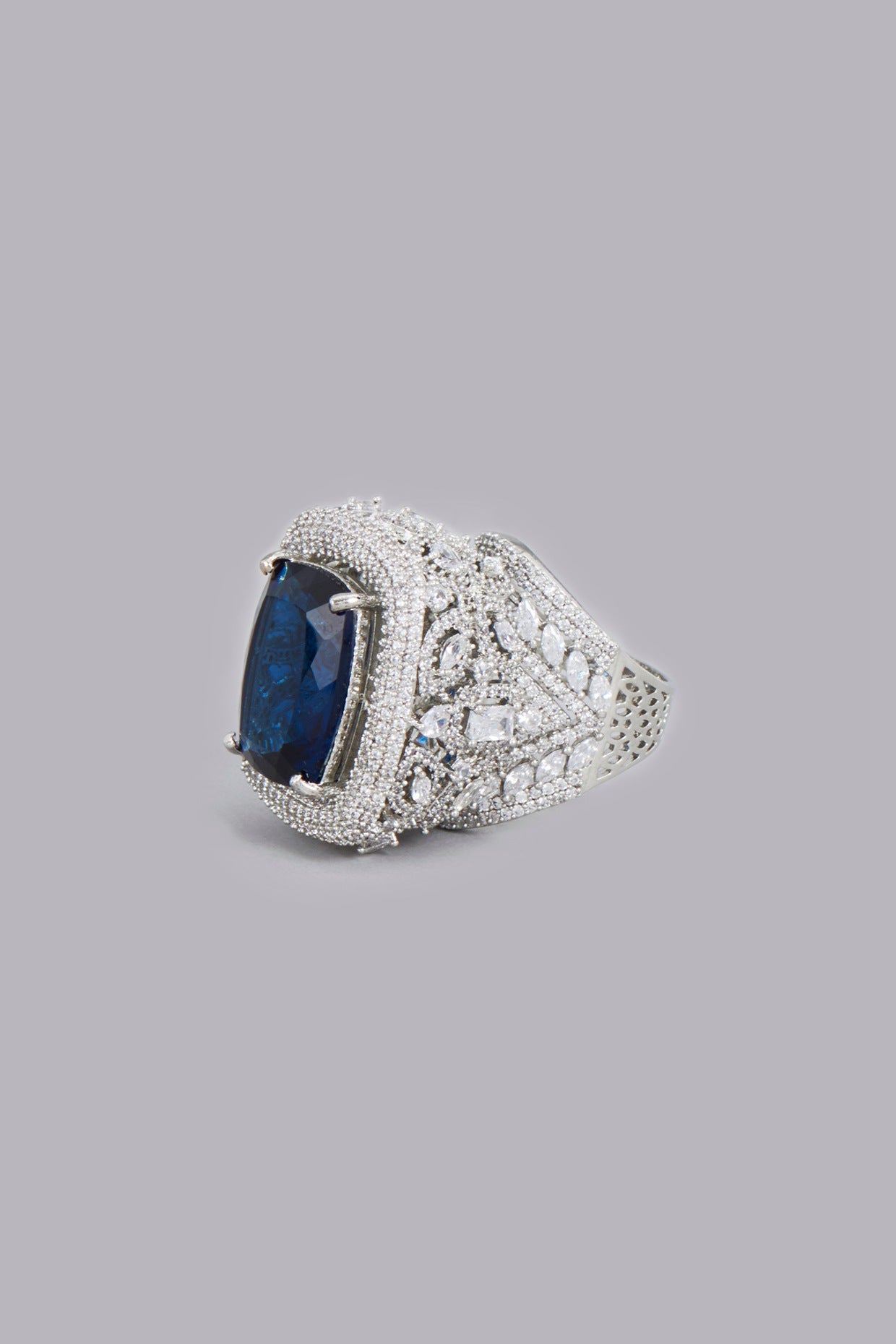 White Finish Blue Synthetic Stones & Zircons Ring