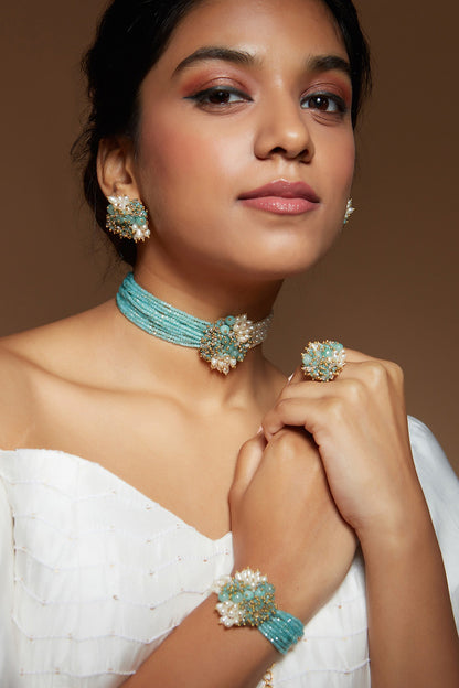 Gold Finish Turquoise Semi-Precious Stone Choker Necklace Set