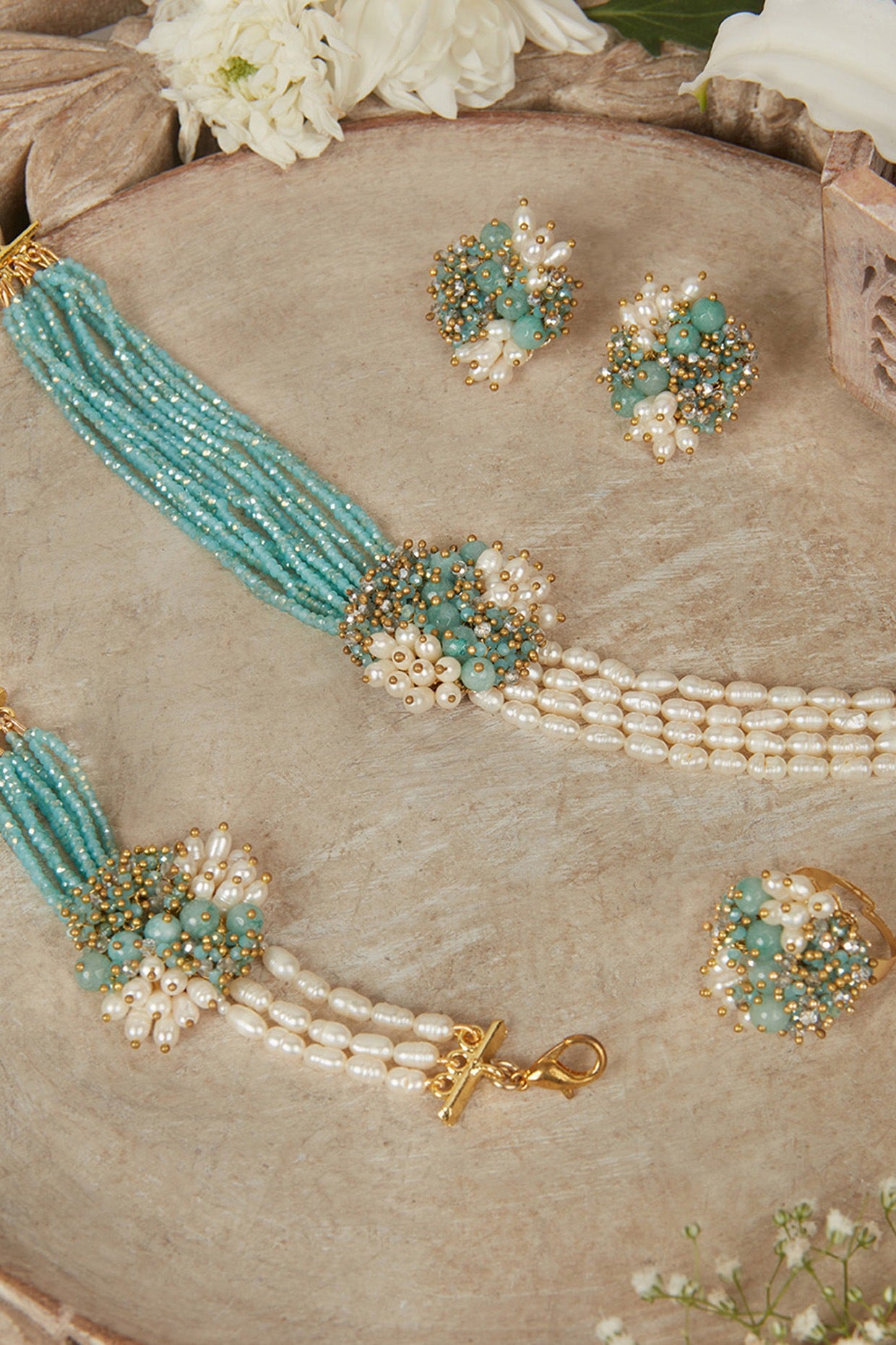 Gold Finish Turquoise Semi-Precious Stone Choker Necklace Set