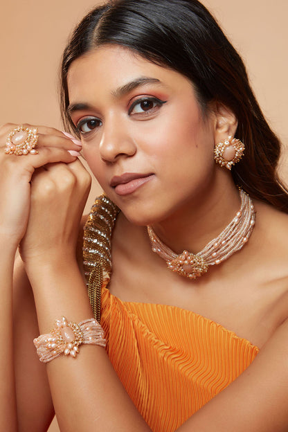 Gold Finish Peach & Gold Shell Pearl Choker Necklace Set
