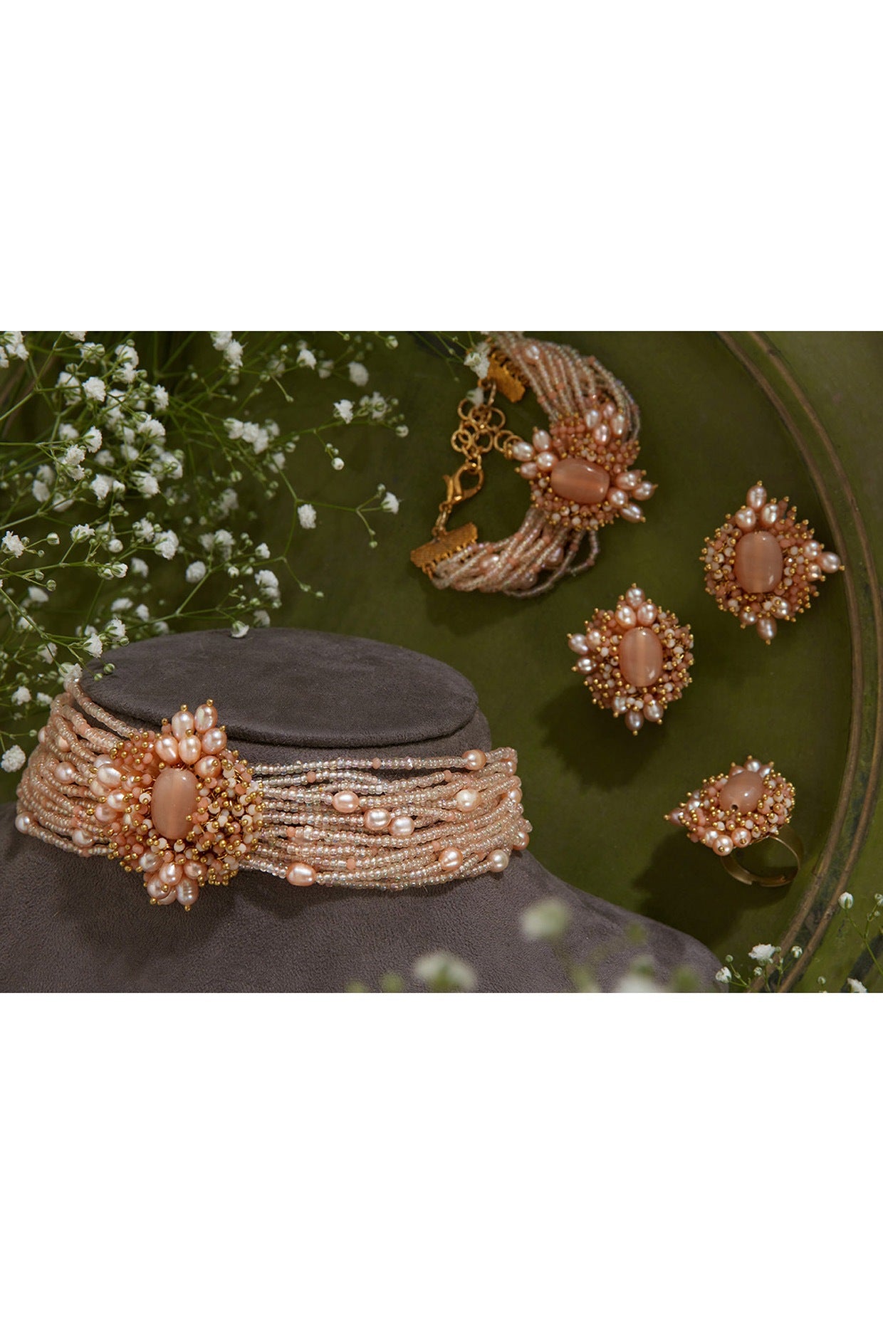 Gold Finish Peach & Gold Shell Pearl Choker Necklace Set