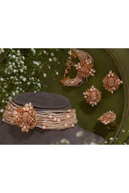 Gold Finish Peach & Gold Shell Pearl Choker Necklace Set