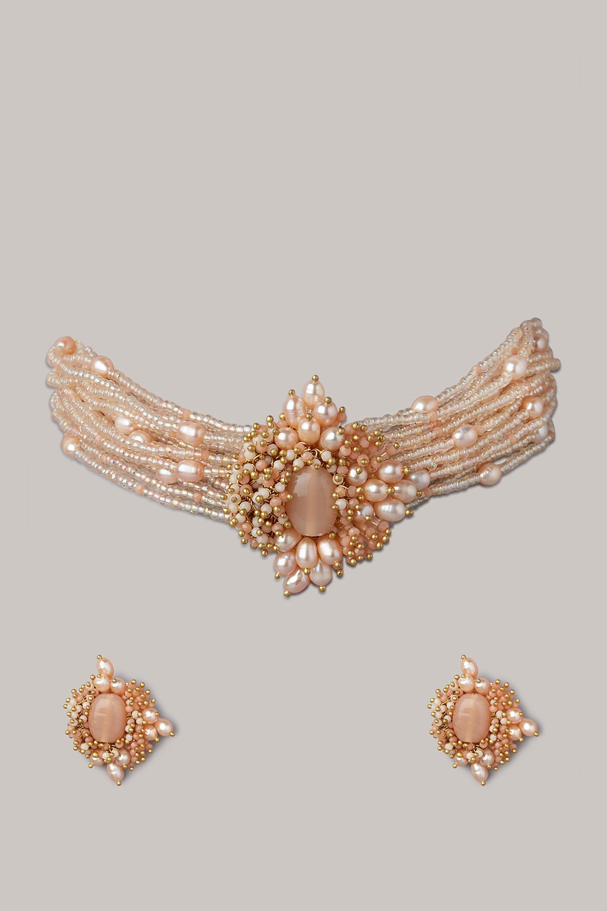 Gold Finish Peach & Gold Shell Pearl Choker Necklace Set