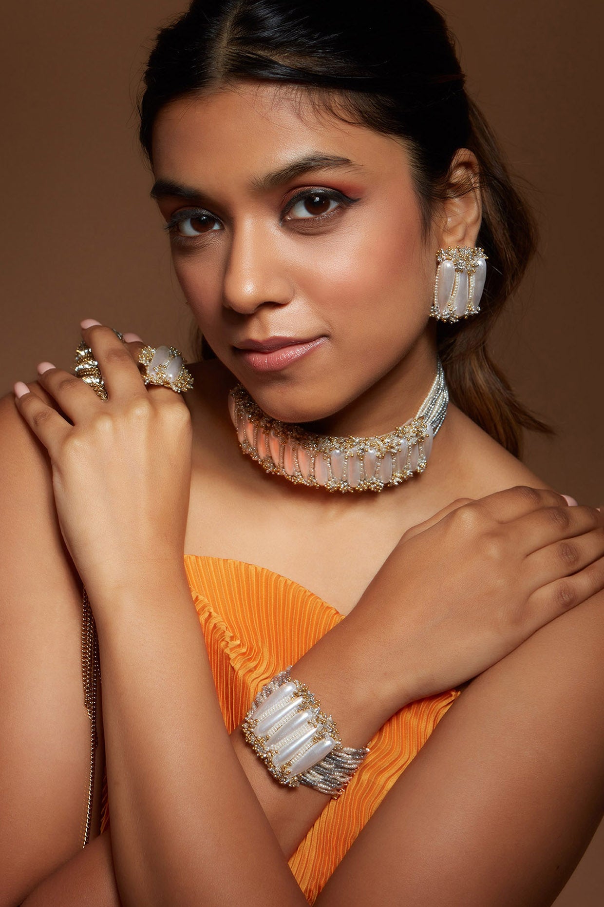 Gold Finish Pearl Choker Necklace Set