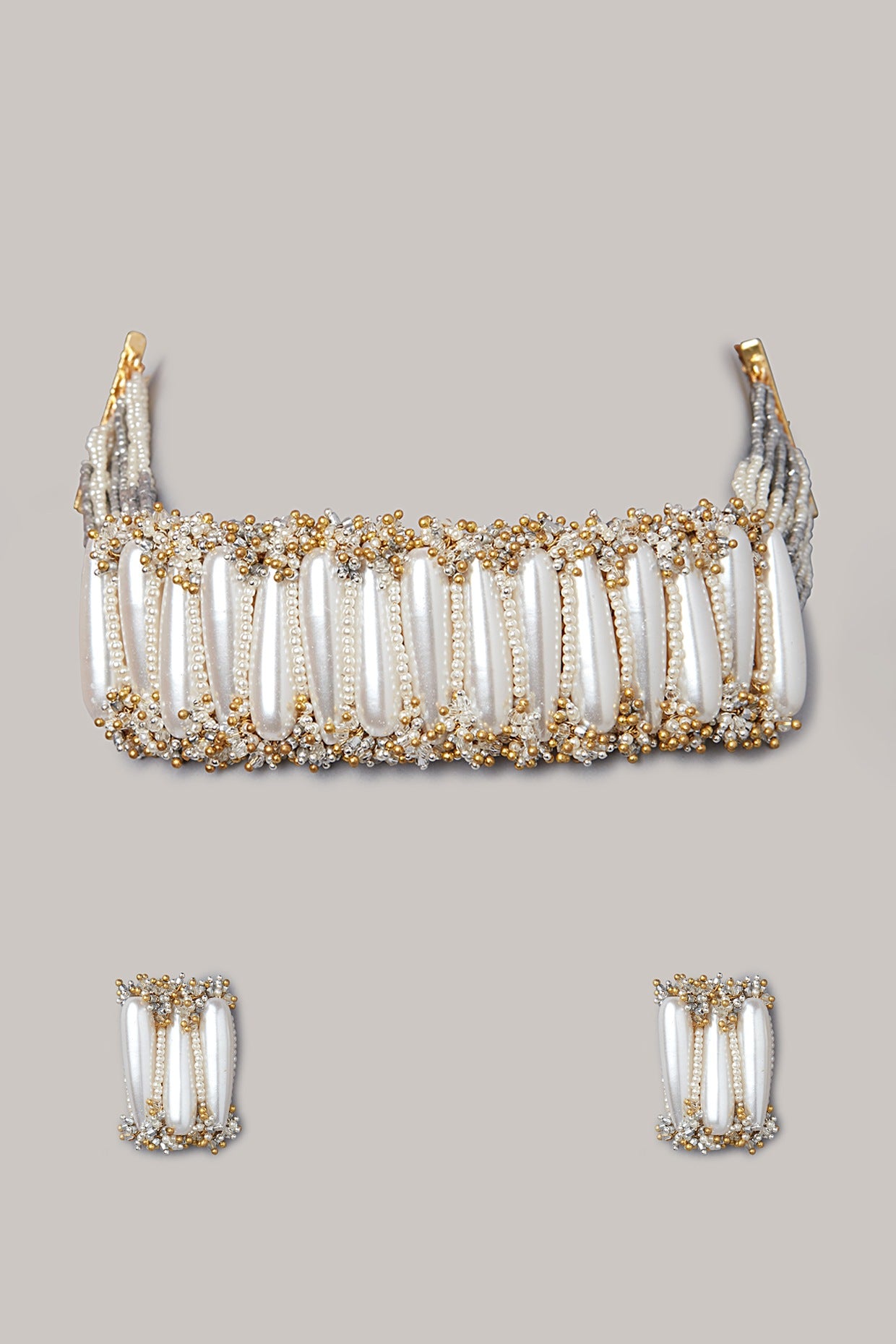 Gold Finish Pearl Choker Necklace Set