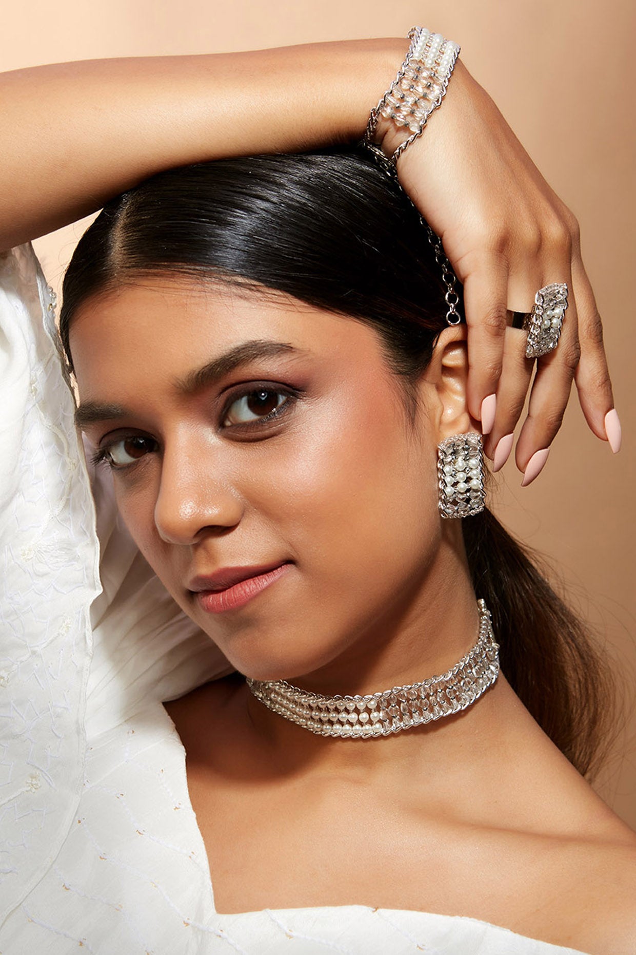 Silver Finish Vintage Pearl Choker Necklace Set
