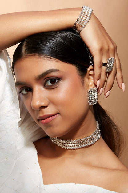 Silver Finish Vintage Pearl Choker Necklace Set