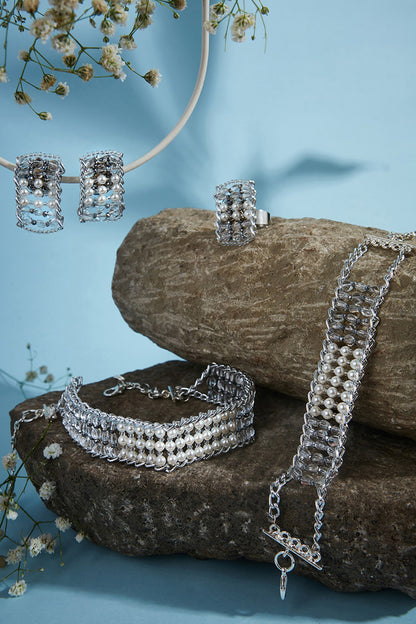 Silver Finish Vintage Pearl Choker Necklace Set