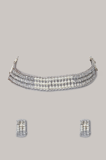 Silver Finish Vintage Pearl Choker Necklace Set