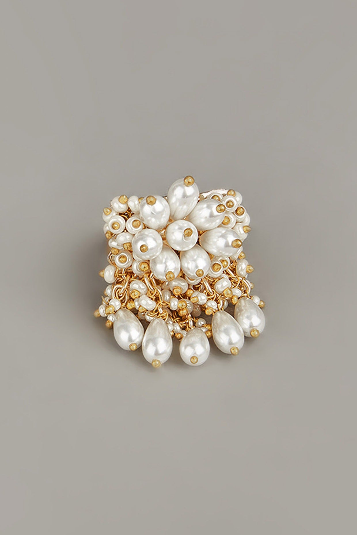 Gold Finish Semi-Precious Stone & Pearls Ring