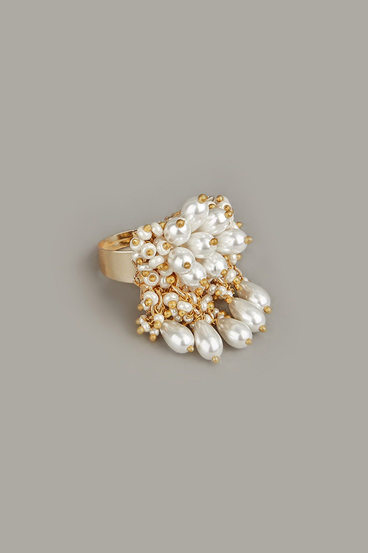 Gold Finish Semi-Precious Stone & Pearls Ring