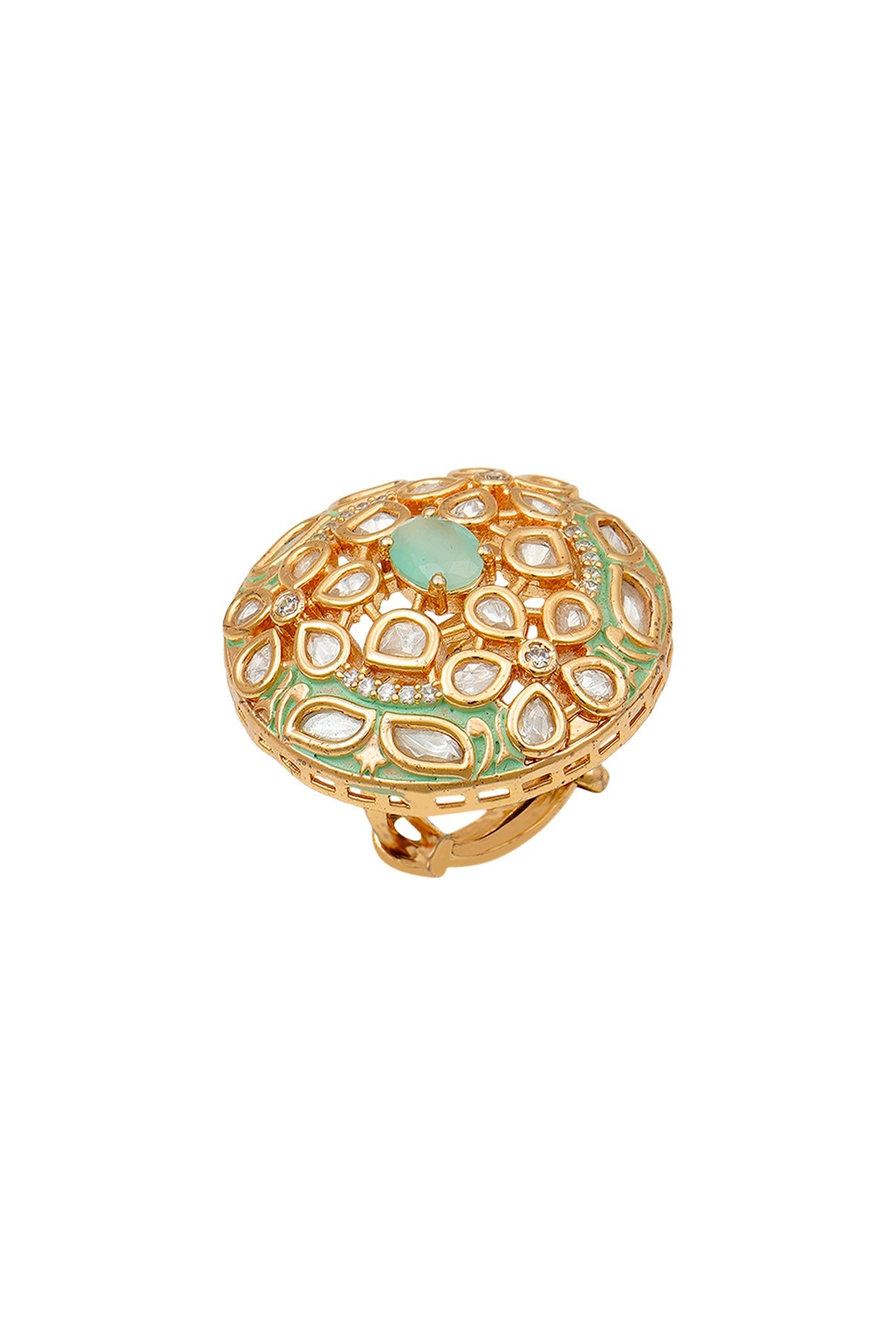 Gold Plated Mint Kundan Polki Ring