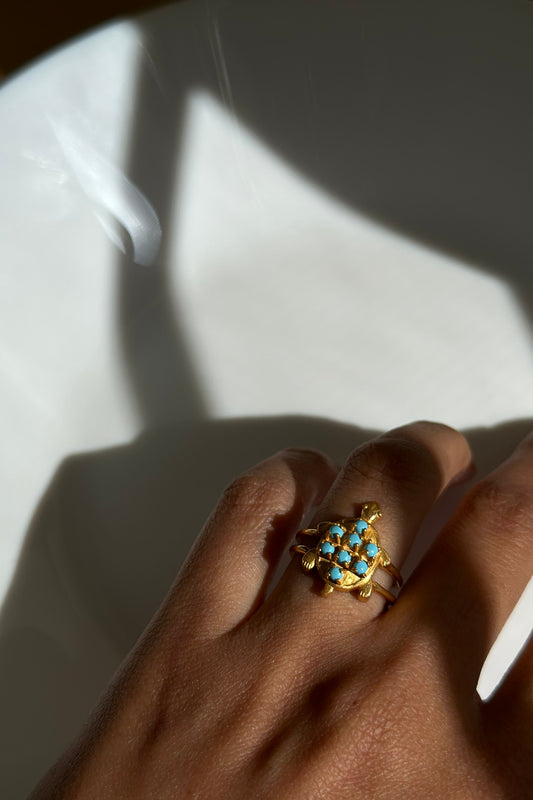 Gold Finish Turquoise Stone Ring In Sterling Silver