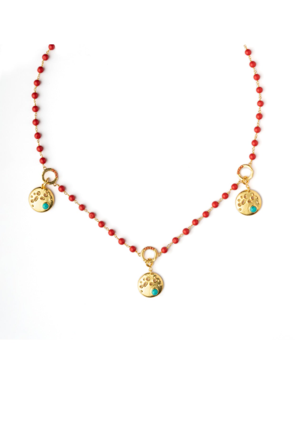 Gold Finish Coral Stone Triple Charm Necklace