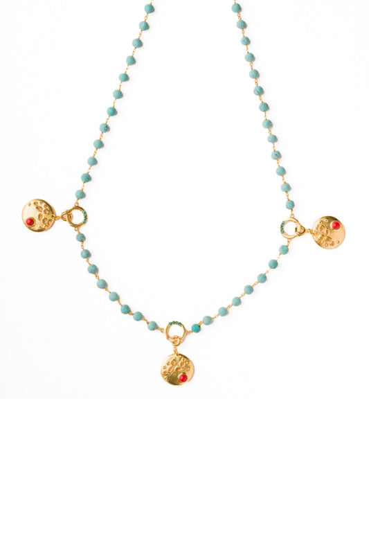 Gold Finish Turquoise Stone Triple Charm Necklace