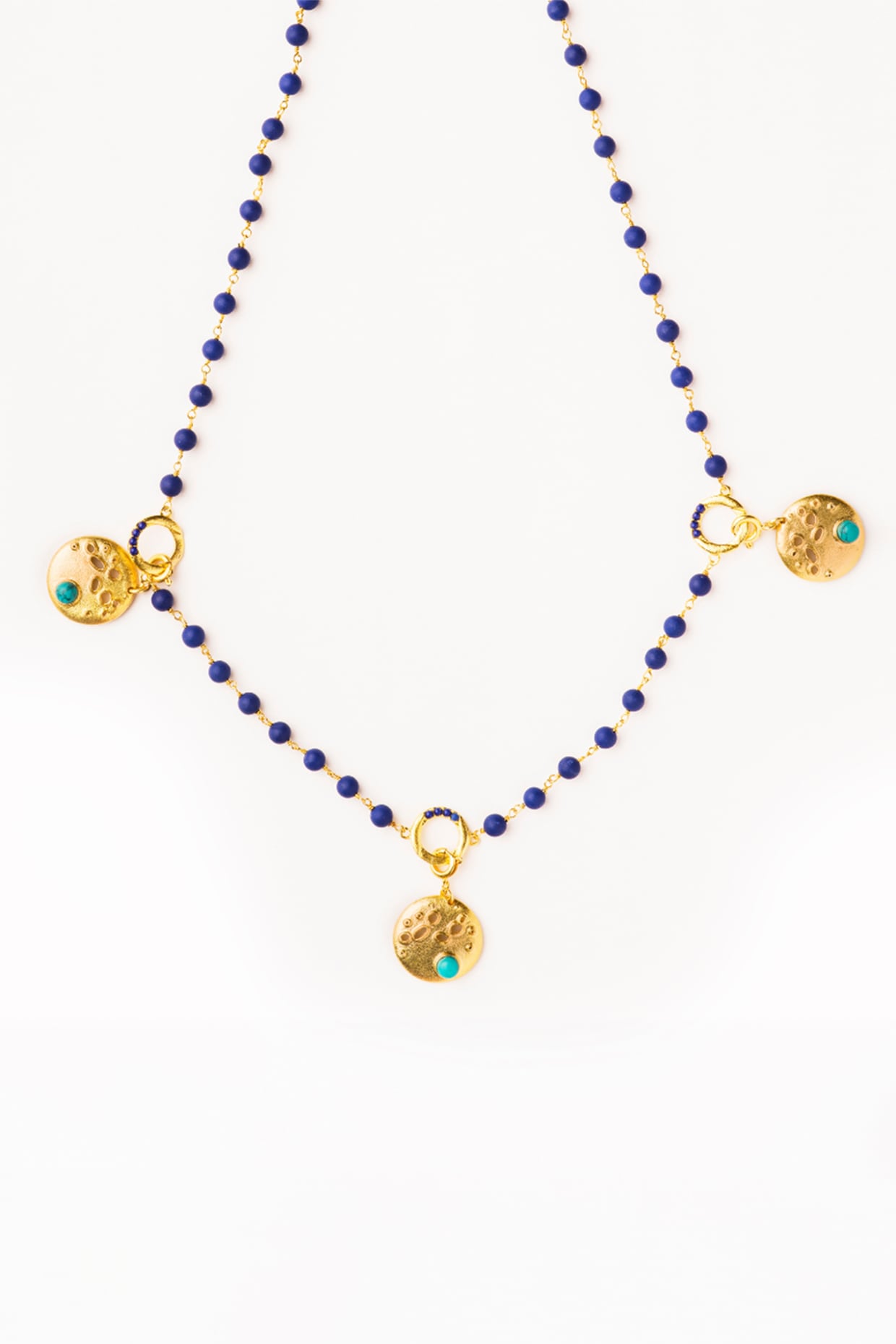 Gold Finish Blue Stone Triple Charm Necklace