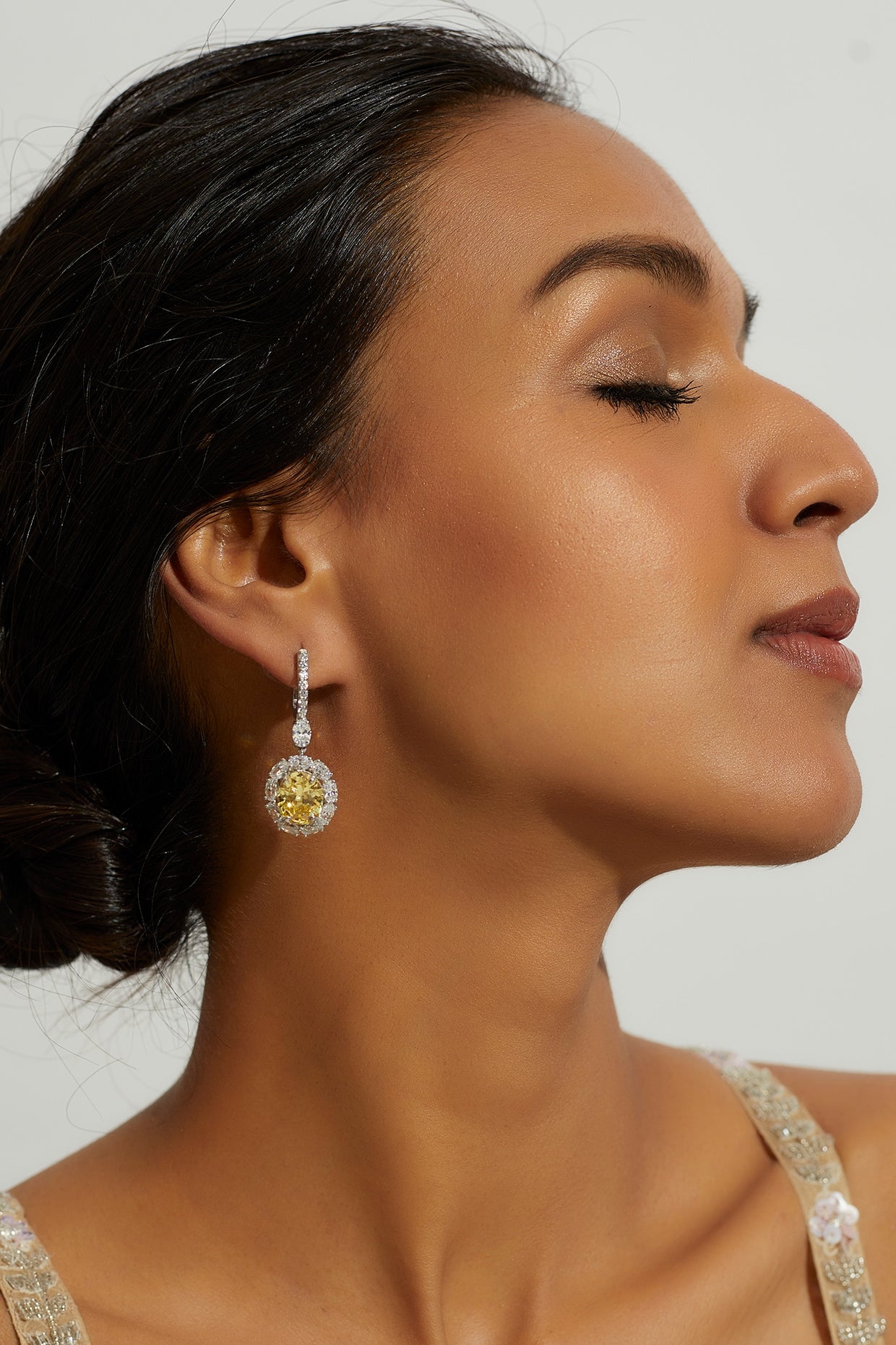 White Finish Zircon & Synthetic Yellow Stone Dangler Earrings In Sterling Silver