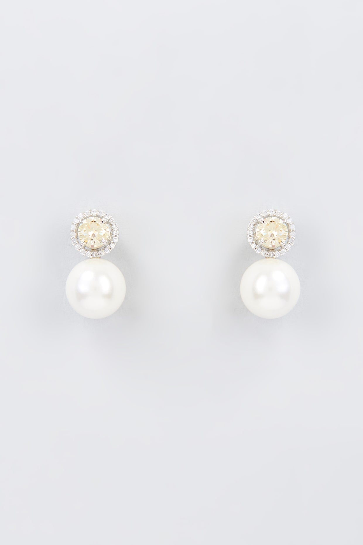 White Finish Shell Pearl & Synthetic Yellow Stone Dangler Earrings In Sterling Silver