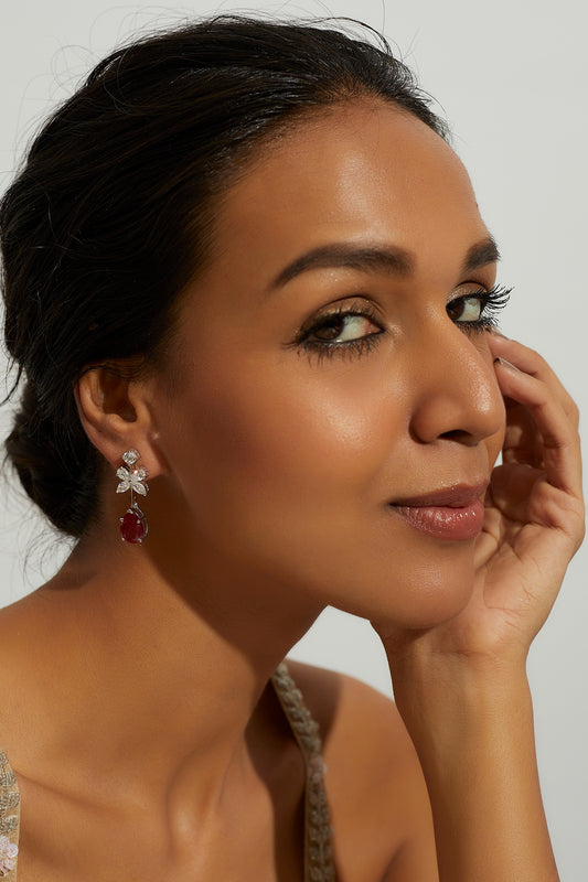 White Finish Zircon & Synthetic Red Stone Dangler Earrings In Sterling Silver