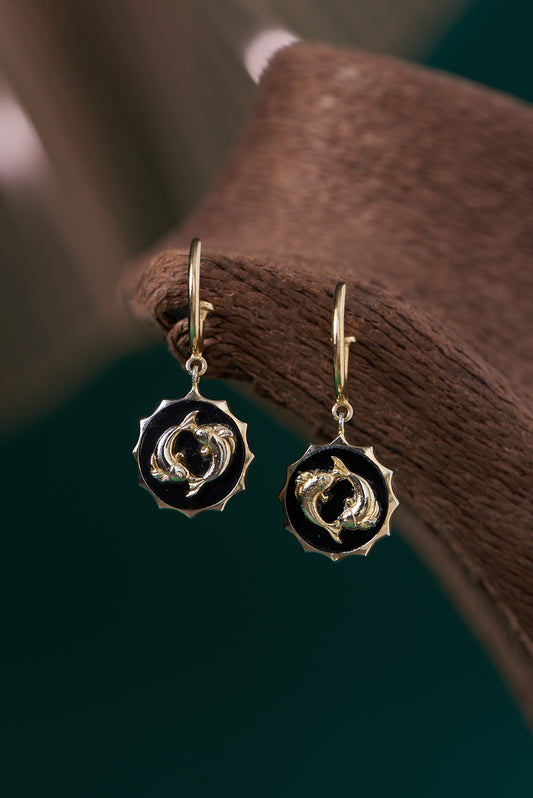 Gold Plated Black Onyx Stone Hoop Earrings