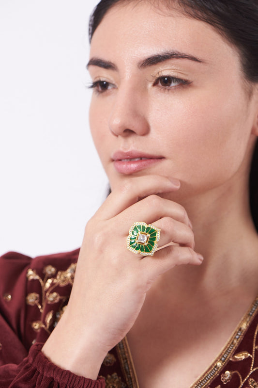 Gold Finish Faux Emerald Ring In Sterling Silver