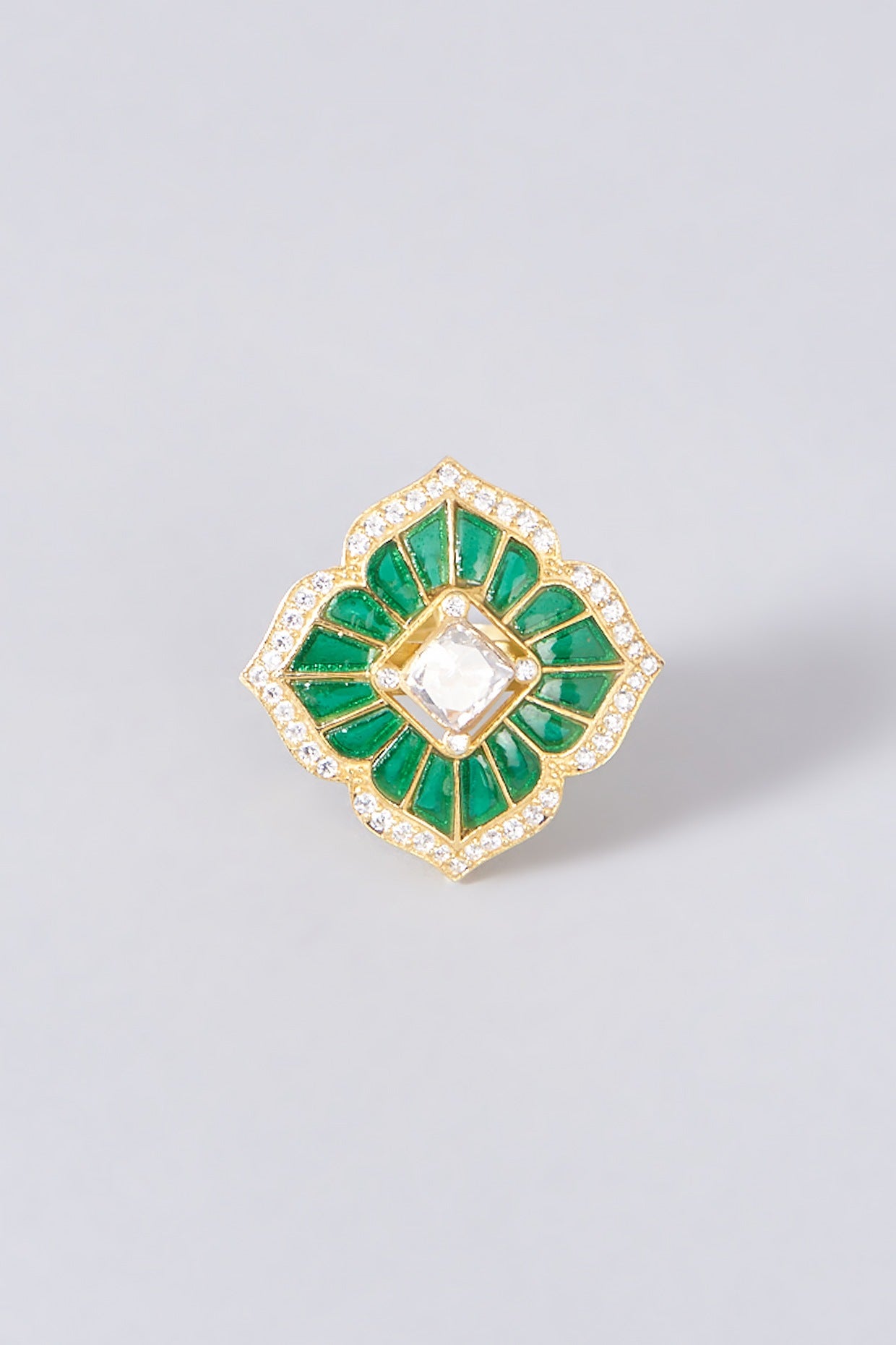 Gold Finish Faux Emerald Ring In Sterling Silver