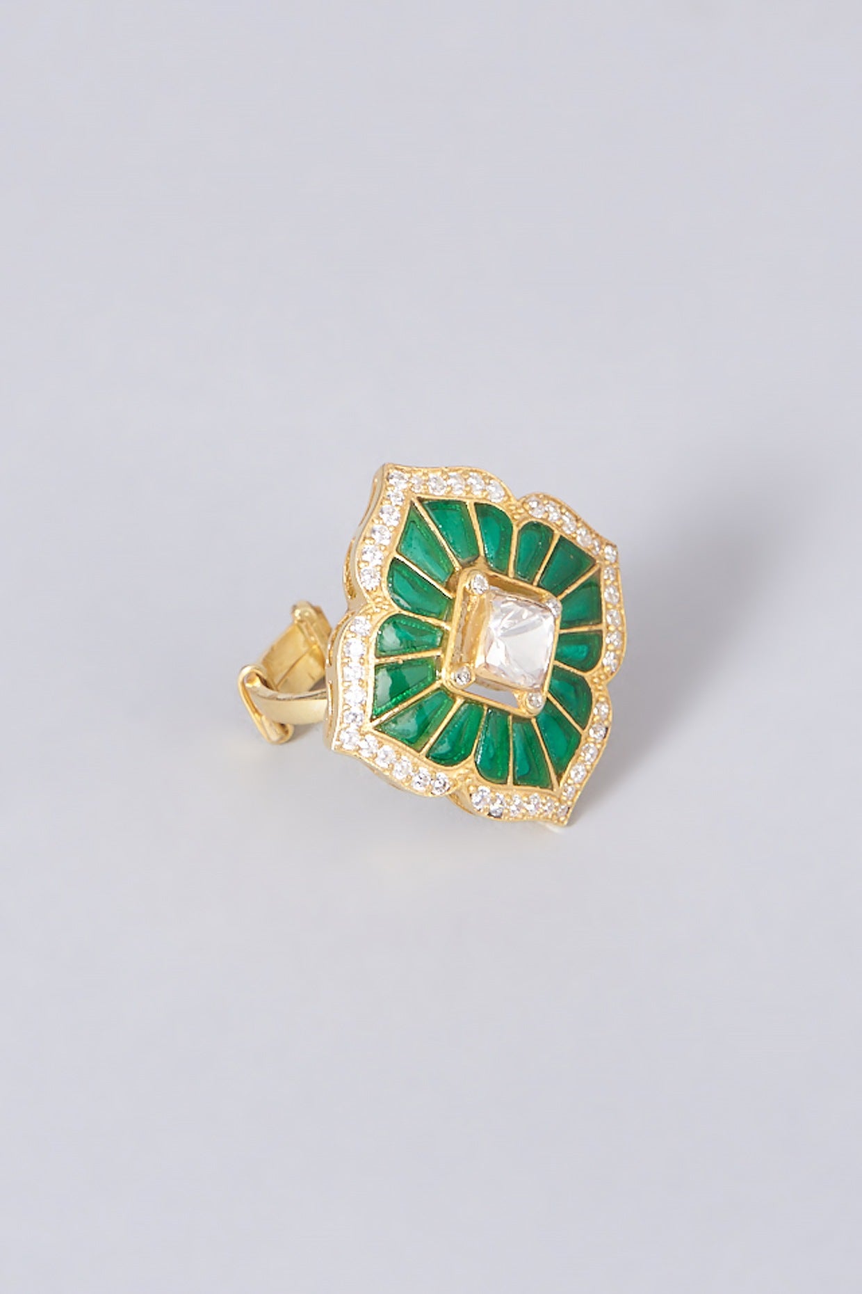 Gold Finish Faux Emerald Ring In Sterling Silver