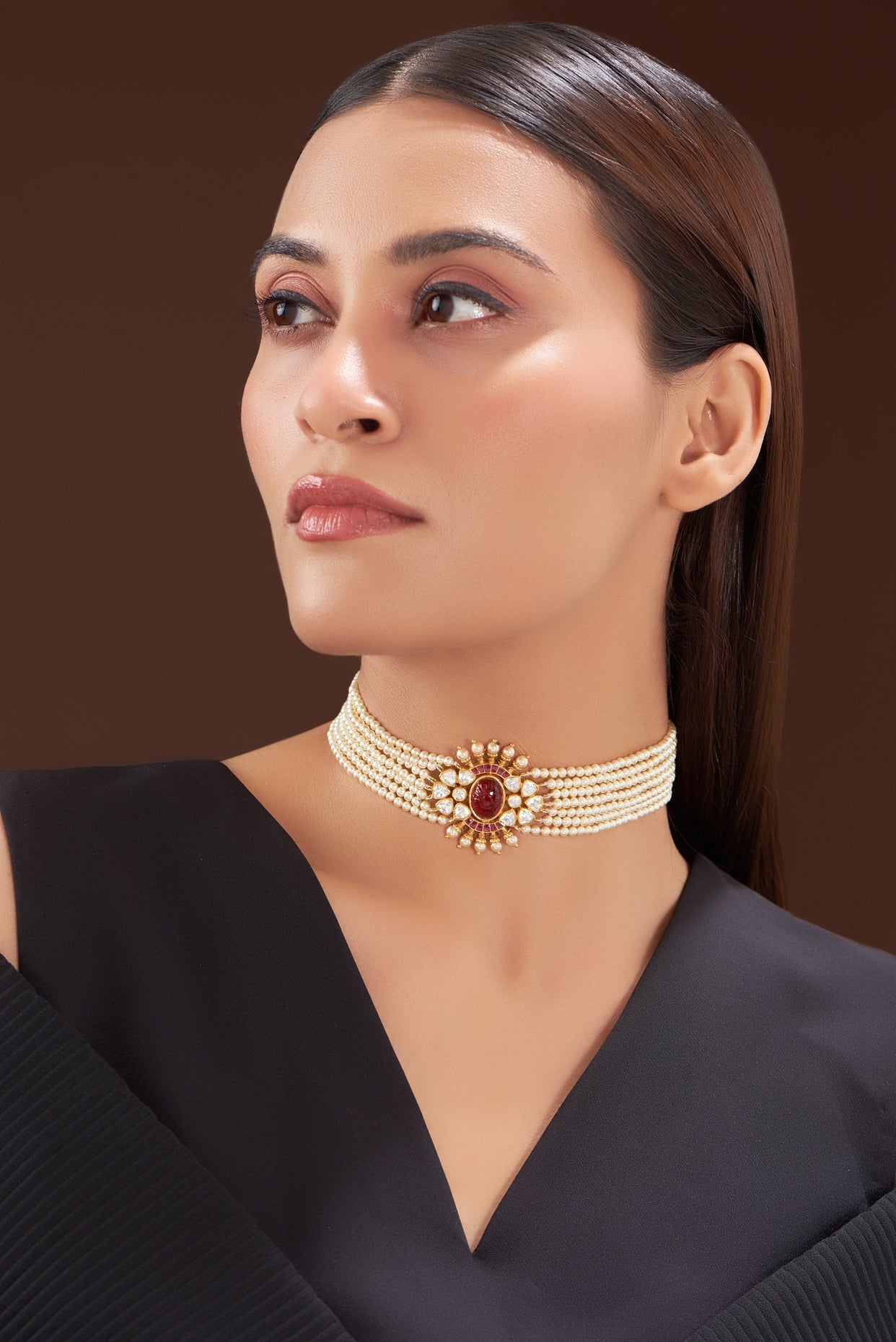 Gold Finish Pearls & Moissanite Polki Choker Necklace In Sterling Silver