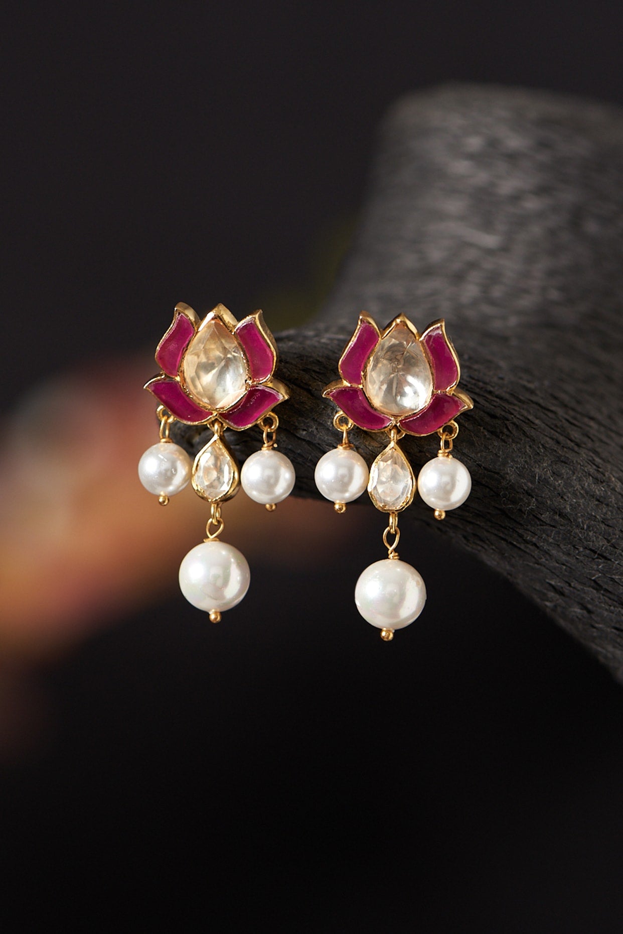 Gold Finish Pearls & Pink Stones Dangler Earrings In Sterling Silver